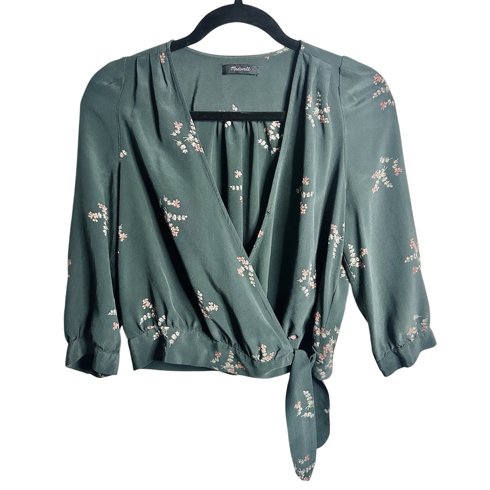 Madewell‎ 100% Silk Wrap Top Floral Forest Green Cropped Tie Front G7439 Size S